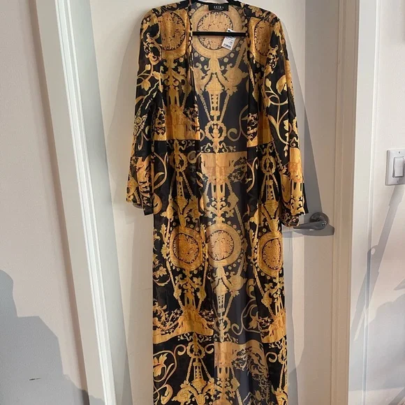 AKIRA | Jackets & Coats | Akira Gold And Black Scarf Print Sheer Kimono |  Poshmark